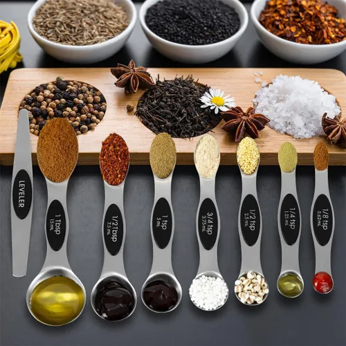 Miniatura 5 de Juego de 16 tazas medidoras y cucharas medidoras magnéticas de acero inoxidable, 8 tazas medidoras con mango de silicona y 7 cucharas magnéticas