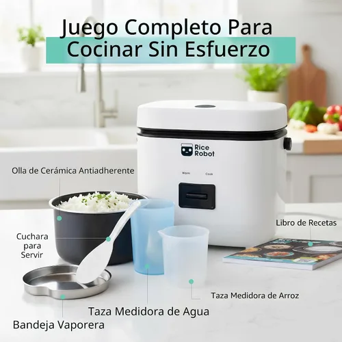 Miniatura 5 de Rice Robot - Arrocera personal, sin PFAS, antiadherente. Capacidad de 1 cuarto, con bandeja de vapor de acero inoxidable, tazas medidoras, libro