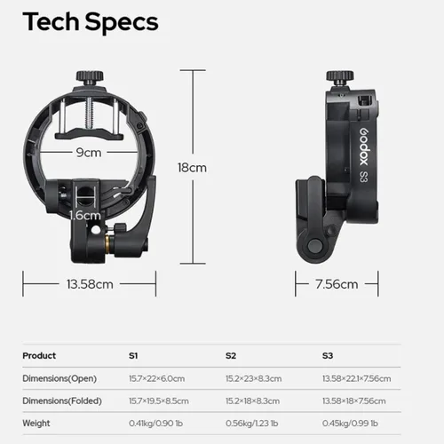 Miniatura 9 de Godox Soporte de flash Speedlite S3 para AD200 Pro II, AD400Pro II, AD300Pro, para Godox V1 Pro, flash de cabeza redonda V100, serie