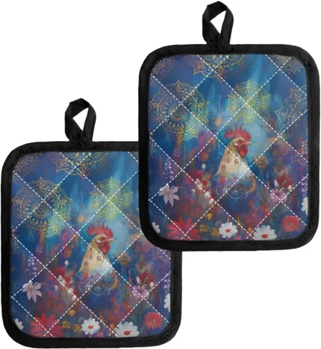 Miniatura 29 de UNICEU Porta ollas de mariposa con diseño de gallo, 2 paquetes para cocina, hornear, parrilla, cocinar, resistentes al calor, almohadillas calientes