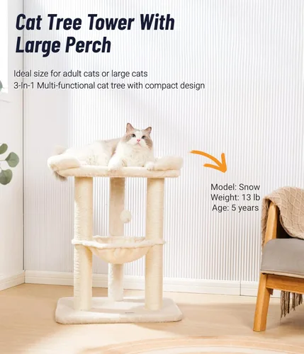Miniatura 2 de Happi N Pets Torre de Árbol para Gatos Grande de 28 pulgadas para Gatos de Interior, Poste Rascador para Gatos con Cama Grande para Gatos Grandes