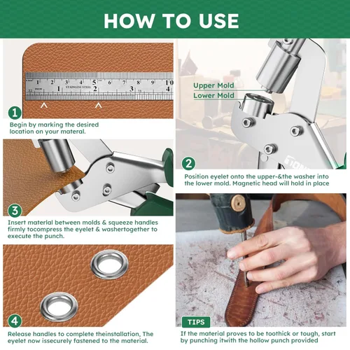 Miniatura 5 de Kit de herramientas profesional con ojales de 3/8 pulgadas, prensa de ojales de metal resistente para tela, cuero, lonas, bricolaje y manualidades