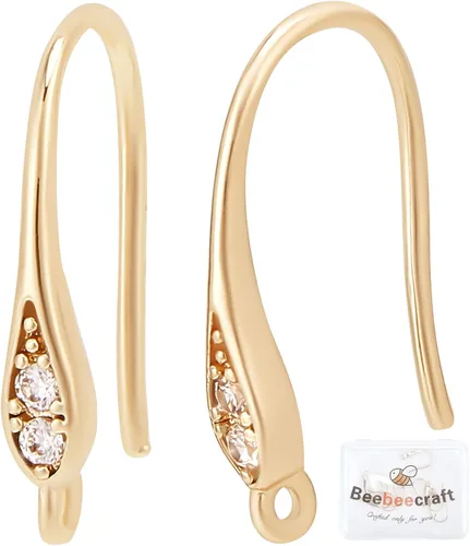 Beebeecraft 10 piezas/caja - Ganchos para pendientes chapados en oro de 18 quilates con circonita cúbica, ganchos franceses con circón en rhinestone