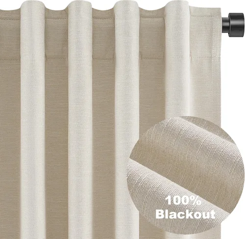 Miniatura 7 de Topfinel Cortinas opacas, blanco beige, 2 paneles, ventanas pequeñas, textura, mezcla de lino, bohemia, abedul, rural, gancho, bolsillo trasero