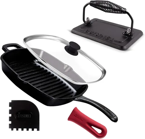 Miniatura 8 de Cuisinel - Sartén de hierro fundido cuadrada para parrilla + tapa de vidrio + raspador de sartén + cubierta de mango - Sartén con nervaduras