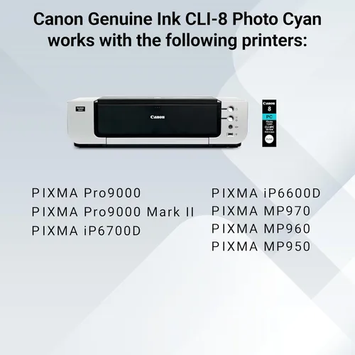 Miniatura 5 de Canon CLI-8 - Depósito de tinta cian fotográfica, compatible con impresoras Pro9000, Pro9000 Mark II, iP6700D, iP6600D, MP970, MP960 y MP950