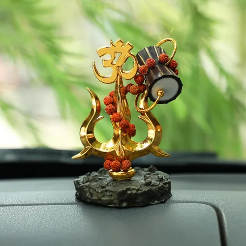 Trishul chapado en oro con símbolo Damru y Om (4 pulgadas) – Tridente Shiva de resina antigua para Puja, Real Rudraksh Mala Shiva, ídolo de Shiva