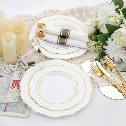 Miniatura 5 de Liacere 350 platos de plástico dorados, platos desechables blancos y dorados, vajilla de plástico barroco para 50 invitados, incluye 100 platos, 50