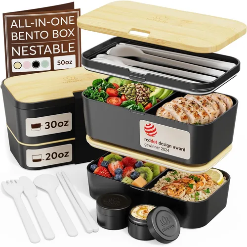 Miniatura 18 de Umami Cajas de almuerzo con 4 utensilios, tarro de salsa, Caja bento apilable que ahorra espacio para adultos, 100% a prueba de fugas, contenedores