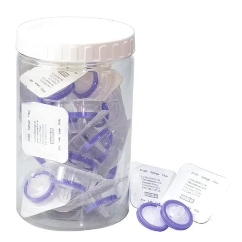 Filtro de jeringa estéril PVDF Filtración hidrofílica de 0,22 um Tamaño de poro, 0.984 in de diámetro de membrana, paquete de 20, envasado estéril