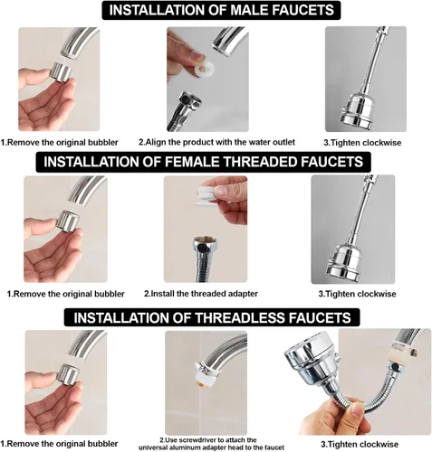 Miniatura 6 de Accesorio de rociador de llave, cabezal de llave de cocina de repuesto giratorio de 360° extensor de llave de 3 velocidades con adaptador universal