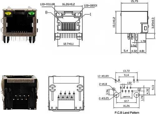 Miniatura 6 de Red Ethernet blindado RJ45 con luces LED 8P8C hembra conectores de enchufe 8pin montaje en PCB para cable Ethernet Cat5, Cat5e, Cat6