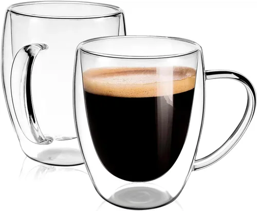 Juego de 2 tazas de café redondas con aislamiento de doble pared de vidrio transparente - Tamaño mediano 12 oz, la mejor taza de café reutilizable