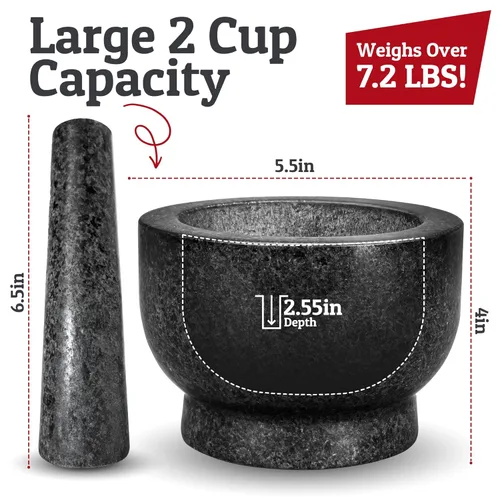 Miniatura 3 de PriorityChef - Juego grande de mortero y mortero, 2 tazas, cuenco de mortero de granito 100% natural y molinillo de piedra de mortero, cuenco
