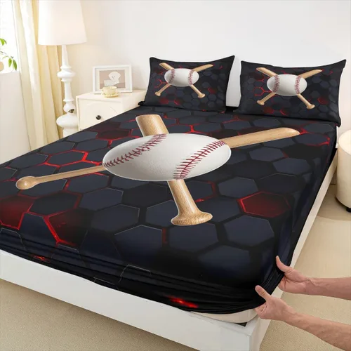 Miniatura 14 de Juego de ropa de cama de béisbol 3D, tamaño individual, juego de cama para niñas, adolescentes, decoración de dormitorio, sábana bajera geométrica