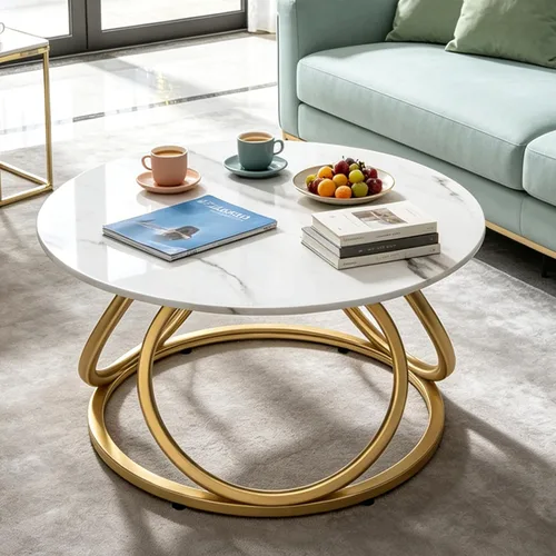 Miniatura 8 de O&K FURNITURE Mesa auxiliar redonda dorada, parte superior de mármol sintético con venas, mesa central moderna con marco de metal dorado, para sala