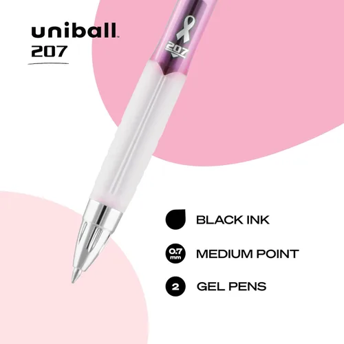 Miniatura 2 de Uni-Ball 207 plumas de gel retráctiles con cinta rosa, punta mediana (0,7 mm), negras, paquete de 2
