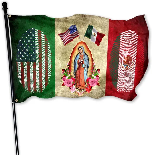 Bandera mexicana de 3 x 5 pies, bandera estadounidense para exteriores con bandera de la Virgen María, colores vivos, banderas patrióticas de