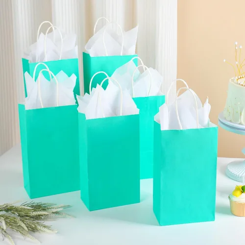 Miniatura 3 de DjinnGlory Paquete de 24 bolsas de papel verde azulado de tamaño pequeño de 9 x 5.5 x 3.15 pulgadas con 24 papel de seda blanco, bolsas azul
