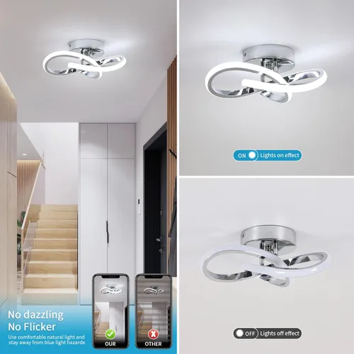Miniatura 5 de Lámpara de Techo LED Moderna, Lámpara de Techo de 22W LED 6500K Blanco Frío Diseño Espiral para Pasillo de Corredor Balcón Cocina (Plateado)