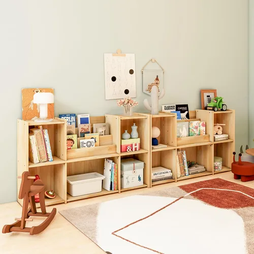 Miniatura 6 de Estantería de madera, estantería horizontal de perfil bajo de 2 niveles con organizador de almacenamiento, madera certificada FSC, estante