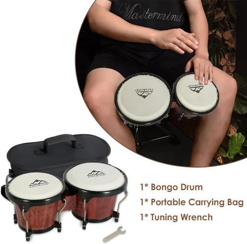 Miniatura 3 de EASTROCK Juego de tambor Bongo de 6 y 7 pulgadas para principiantes, estudiantes, adultos, profesionales, cabezas de piel de animales naturales, Rojo