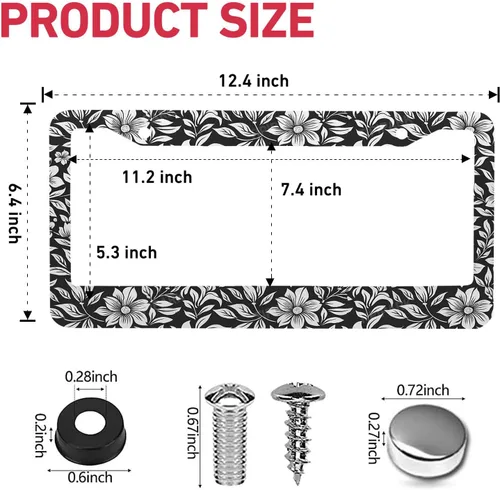 Miniatura 2 de Marcos de matrícula con flores en blanco y negro - 2 paquetes de soporte de matrícula divertidos y personalizados, piezas decorativas de acero