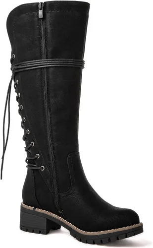Miniatura 3 de GLOBALWIN - Botas de combate de equitación altas con cordones para mujer, cómodas botas góticas de motocicleta para mujer con cremallera y tacón