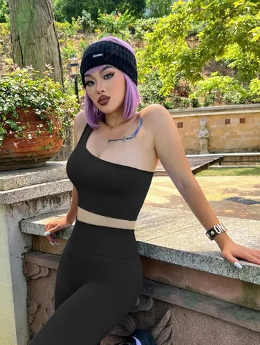 Miniatura 2 de OQQ Conjunto de entrenamiento de 4 piezas para mujer, leggings de cintura alta acanalados para yoga con camiseta corta de 3 piezas con brasier