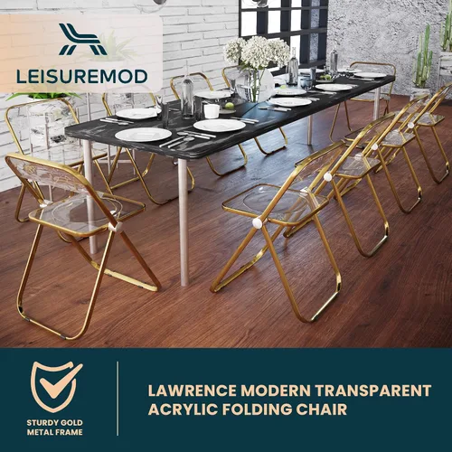 Miniatura 7 de LeisureMod Juego de 2 sillas plegables modernas de acrílico transparente Silla de escritorio con marco de metal dorado Cómoda silla decorativa