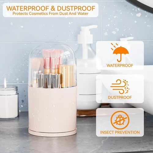 Miniatura 7 de Yieach Soporte giratorio de acrílico para brochas de maquillaje con tapa para tocador, baño, encimera, organizador de brochas de maquillaje Rosa