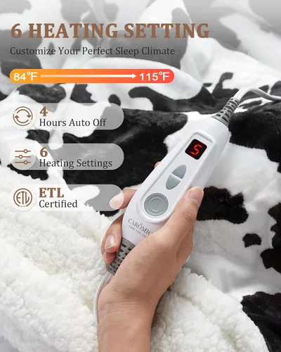 Miniatura 3 de CAROMIO Manta eléctrica con calefacción, manta de calentamiento rápido con estampado de vaca con controlador LCD, 6 niveles de calor y apagado