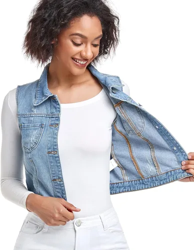 Miniatura 6 de Xeoxarel Chaleco de mezclilla para mujer, chaqueta vaquera sin mangas (XS-XXL)