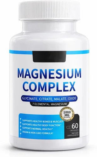 Complejo de magnesio para mujeres y hombres, 1000 mg, magnesio 7 en 1 (glicinato, citrato y malato) para apoyo al sueño, alivio del estrés,