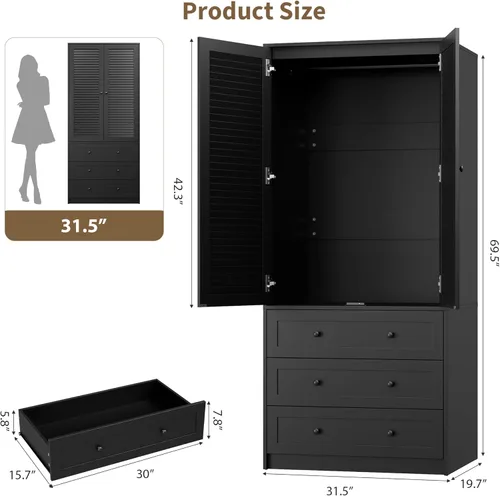 Miniatura 2 de GarveeHome Armario para guardar ropa con cajones, armario de madera de 69.5 pulgadas con barra para colgar, armario de almacenamiento para ropa