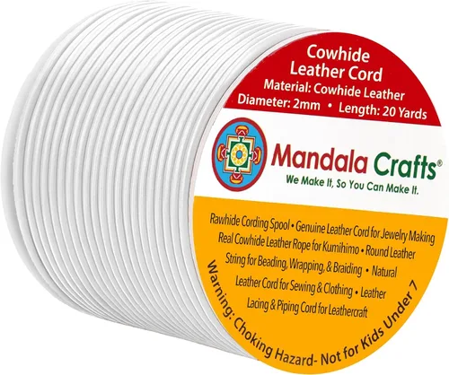 Miniatura 196 de Mandala Crafts Cordón Redondo de Cuero de Piel de Vaca Genuino Beige para Fabricación de Joyas Kumihimo Carrete de Cuerda de Cuero - Cordón