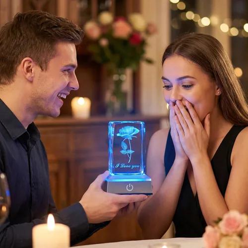 Miniatura 2 de Lámpara Nocturna de Cristal de Rosa 3D con Luces LED Ajustables - Te Amo, Ideas de Regalo para el Día de la Madre, San Valentín, Aniversario, Regalo