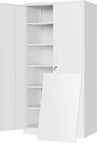 Miniatura 14 de Yizosh Armario de almacenamiento de metal para garaje con 2 puertas y 5 estantes ajustables, gabinete de archivo de acero con cerradura de 71