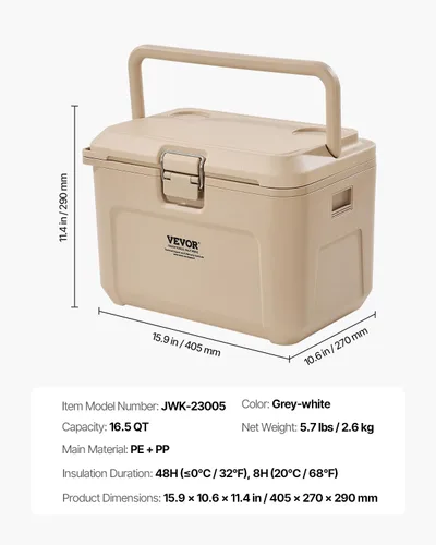 Miniatura 7 de VEVOR Enfriador portátil, enfriador duro de 16.5 QT con retención de hielo, asas resistentes y portavasos, enfriador portátil aislante
