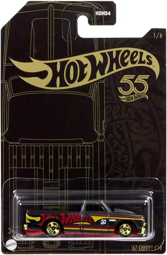 Miniatura 5 de Hot Wheels - Vehículo coleccionable fundido a presión, edición 55 aniversario, negro y dorado, inspirado en la camioneta Chevy C10 '67 ~ 1/6