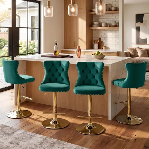 Miniatura 73 de SoarFlash Juego de 2 taburetes de bar tapizados de terciopelo moderno con patas de madera, botones acolchados, cabeza de clavo cromada, asiento