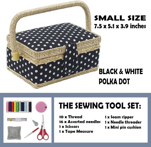 Miniatura 5 de Cesta de coser con kit de costura. Pequeña caja de costura organizadora con mini kits de costura para niños, principiantes y regalo, Negro