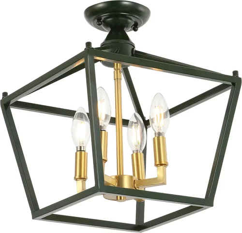 JONATHAN Y Plains 12" Dark Green and Brass Gold 4-Light Iron Semi Flush Mount Lantern, Modern Farmhouse Open-Frame Pagoda with Metal Cage for