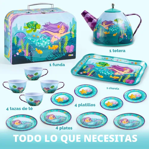 Miniatura 2 de JOYIN Juego de fiesta de té de sirena para niñas pequeñas, juego de tetera de hojalata, juguete de cocina con tetera, tazas, platos, estuche