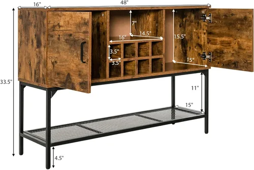 Miniatura 3 de Giantex Armario industrial para vino, aparador de bufé, armario de cocina independiente, estante de malla, armarios de 2 puertas, mesa consola