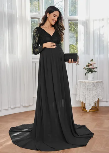 Miniatura 4 de ZIUMUDY Vestido de maternidad con cuello en V para fotografía de gasa, manga larga, con costuras de encaje, maxi vestido para baby shower