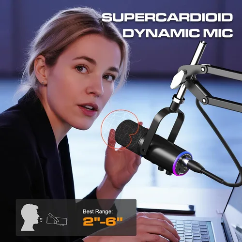 Miniatura 6 de PUPGSIS - Micrófono de podcast XLR/USB, micrófono para juegos con botón de silencio, efectos de reverberación, cancelación de ruido, soporte