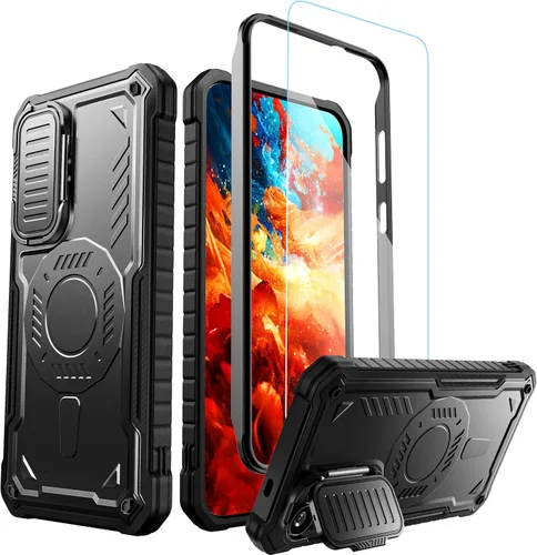 ExoGuard Funda para Samsung Galaxy S24 con protector de pantalla, funda protectora de goma de cuerpo completo con cubierta de cámara y función atril