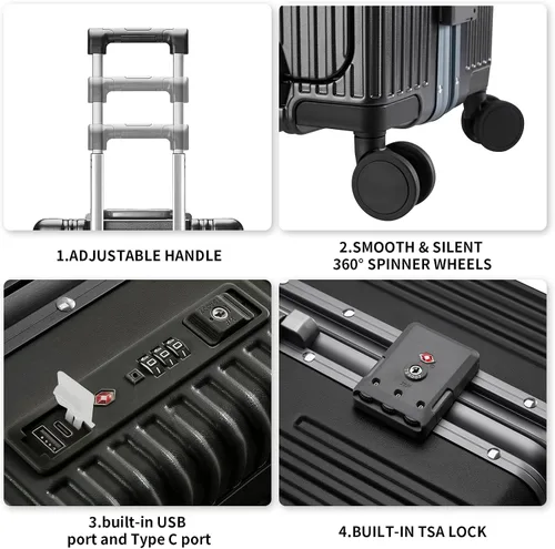 Miniatura 4 de CAARANY Maleta de mano versátil con marco de aluminio con puerto de carga USB, compartimento frontal, bloqueo TSA, maleta rígida aprobada por