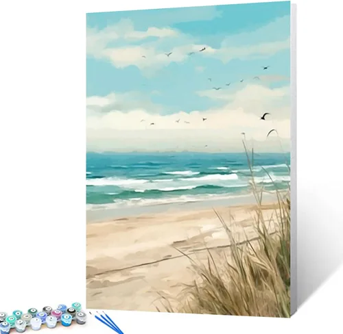 Tucocoo Kits de pintura por números de playa junto al mar, lienzo de 16 x 20 pulgadas, pintura al óleo para niños, estudiantes, adultos Paisaje de